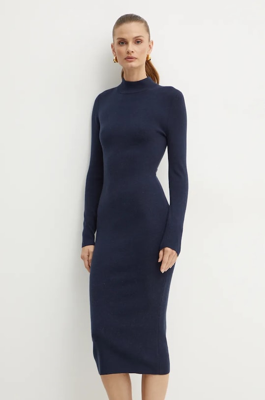 Volnena obleka MICHAEL Michael Kors Z elastanom mornarsko modra MF482Q14VR