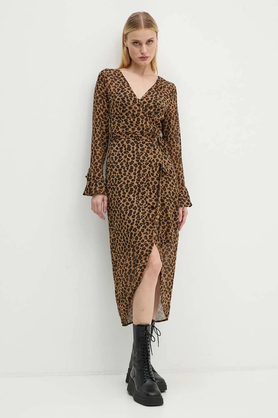 Never Fully Dressed sukienka Leopard Sheer Wrap Dress midi brązowy NL28459