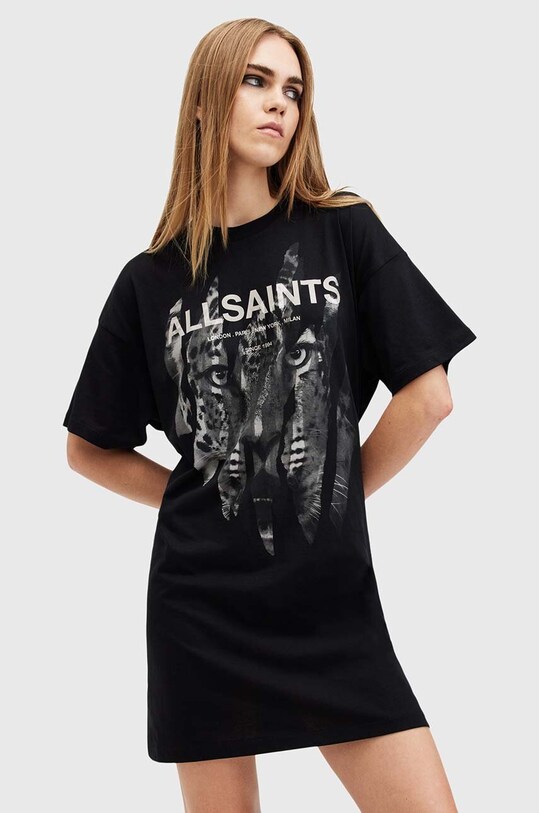 Bombažna obleka AllSaints RIPROAR Potisk črna W234DB