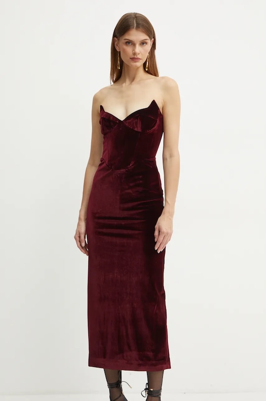 Bardot rochie de catifea CAMELLIA midi burgundia 59535DB