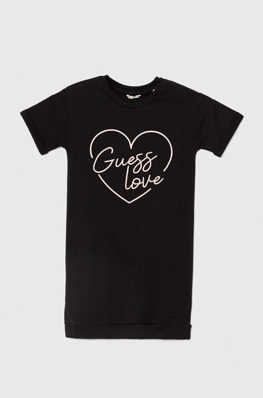 Παιδικό βαμβακερό φόρεμα Guess απλικέ μαύρο J4YK10.KA6R3.9BYH