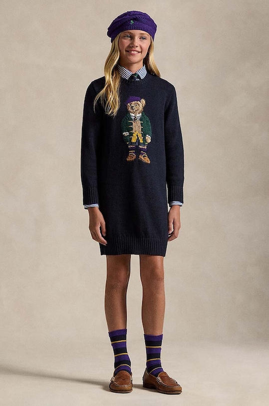 Παιδικό βαμβακερό φόρεμα Polo Ralph Lauren 313950801001 σκούρο μπλε