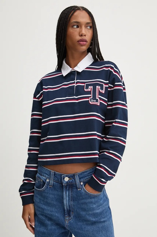 Bavlněné tričko s dlouhým rukávem Tommy Jeans pruhy námořnická modř DW0DW18498