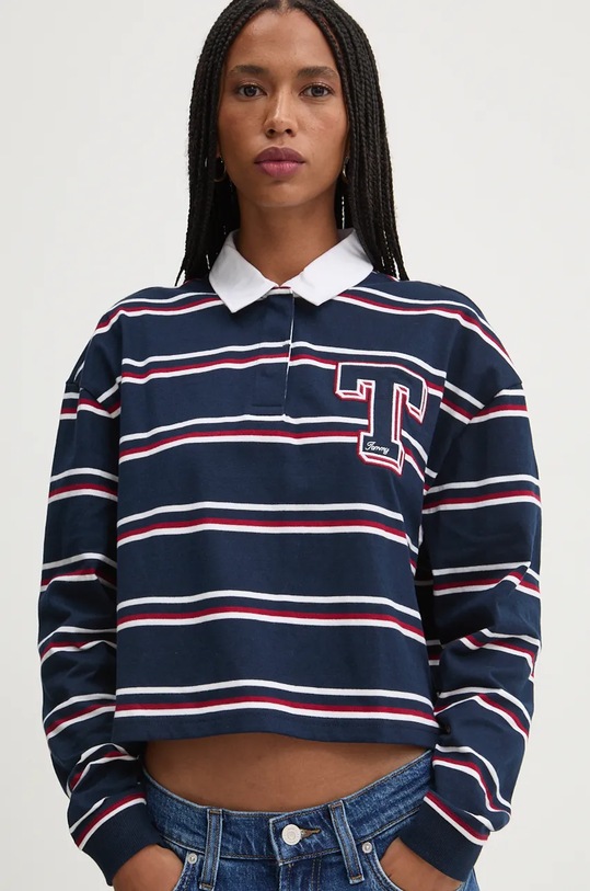 Bavlněné tričko s dlouhým rukávem Tommy Jeans námořnická modř DW0DW18498