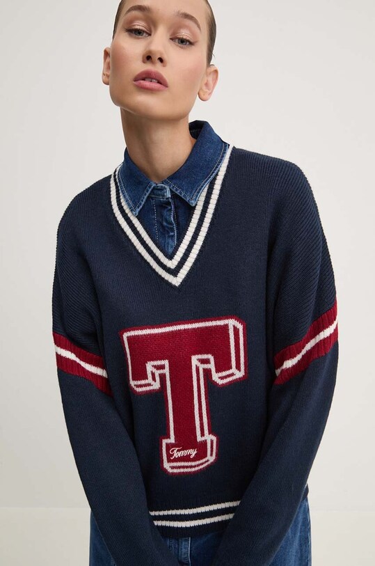 Sveter Tommy Jeans V výstrih tmavomodrá DW0DW18519