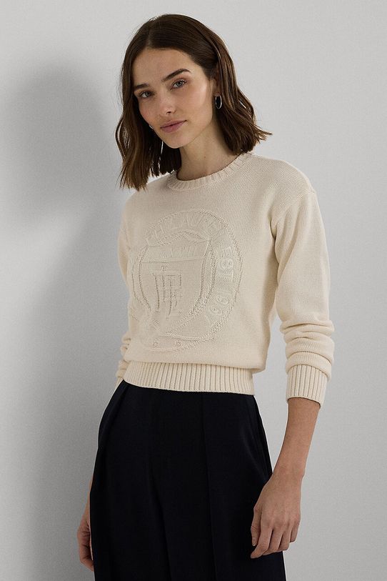 Pamučni pulover Lauren Ralph Lauren natpis bež 200940590