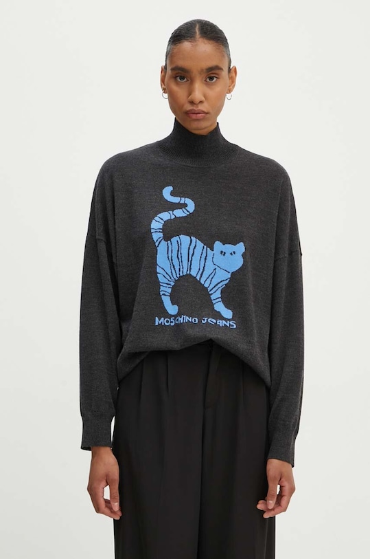 Vlněný svetr Moschino Jeans polorolák šedá 0912.8203
