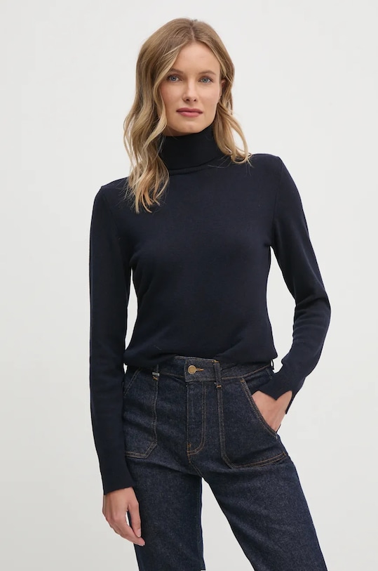 Svetr z vlněné směsi Sisley rolák námořnická modř 102HM2174