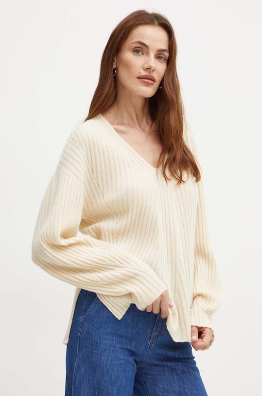 Twinset sweter wełniany szpic beżowy 242TP3716