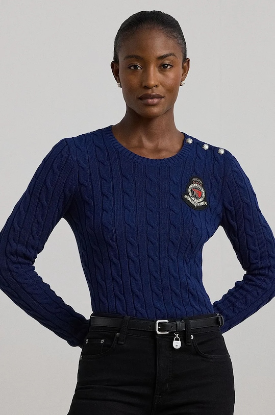 Bavlněný svetr Lauren Ralph Lauren kulatý námořnická modř 200955434