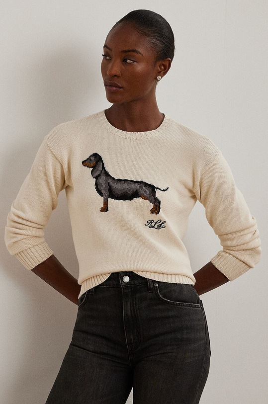 Bavlněný svetr Lauren Ralph Lauren kulatý béžová 200955695