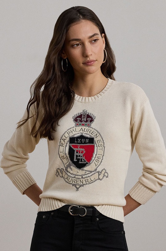 Бавовняний светр Lauren Ralph Lauren аплікація бежевий 200955737