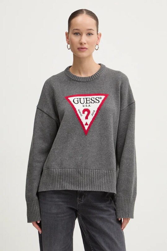 Хлопковый свитер Guess Jeans аппликация серый W4BR12.Z3HM1