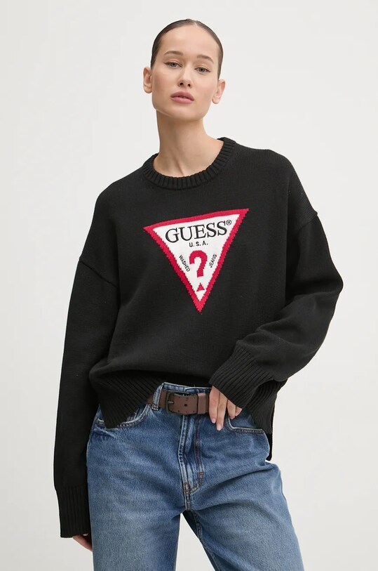 Хлопковый свитер Guess Jeans аппликация чёрный W4BR12.Z3HM1
