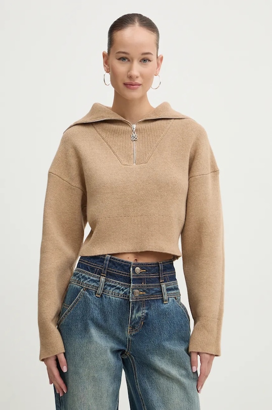 HUGO sweter z domieszką wełny zapinany beżowy 50522545