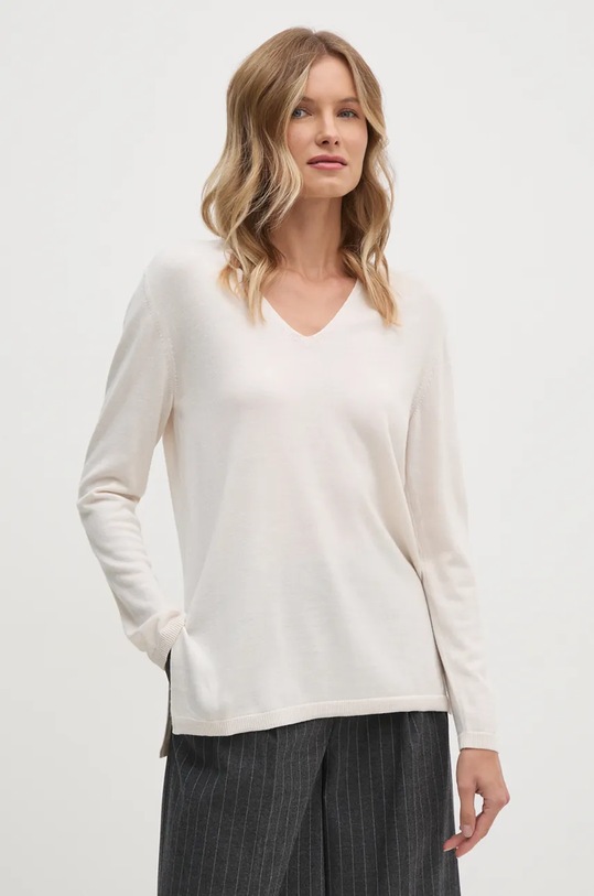 Vlněný svetr Sisley V výstřih béžová 11BAM4016