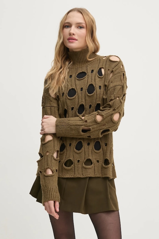 Svetr z vlněné směsi Sisley rolák zelená 15ZTM105G