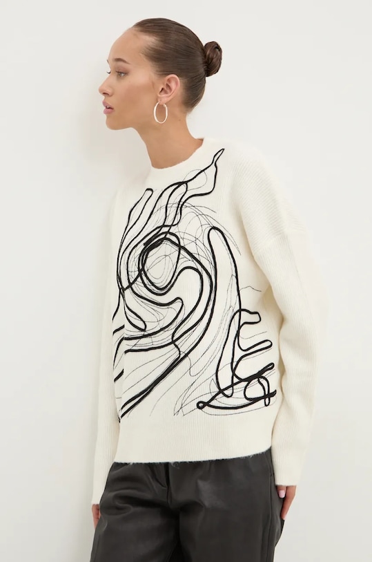 Desigual sweter z domieszką wełny MONTPELLIER okrągły beżowy 24WWJF55