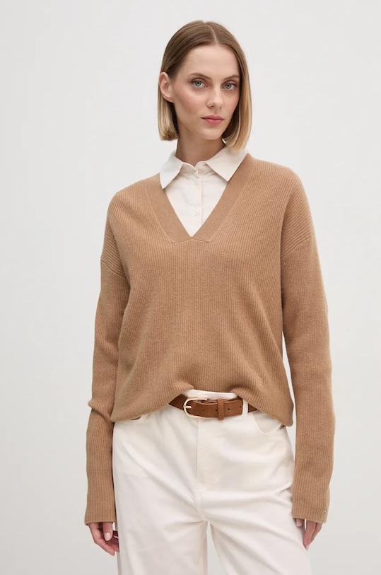 Vlněný svetr Tommy Hilfiger V výstřih béžová WW0WW43101