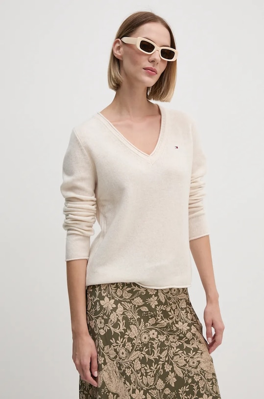 Vlněný svetr Tommy Hilfiger V výstřih béžová WW0WW43505