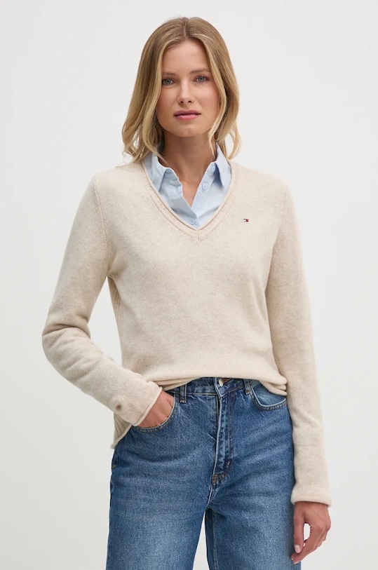 Μάλλινο πουλόβερ Tommy Hilfiger μαλλί μπεζ WW0WW43505
