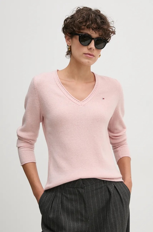 Vlněný svetr Tommy Hilfiger V výstřih růžová WW0WW43505
