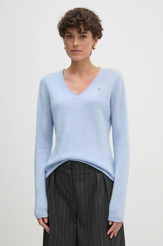 Vlněný svetr Tommy Hilfiger V výstřih modrá WW0WW43505