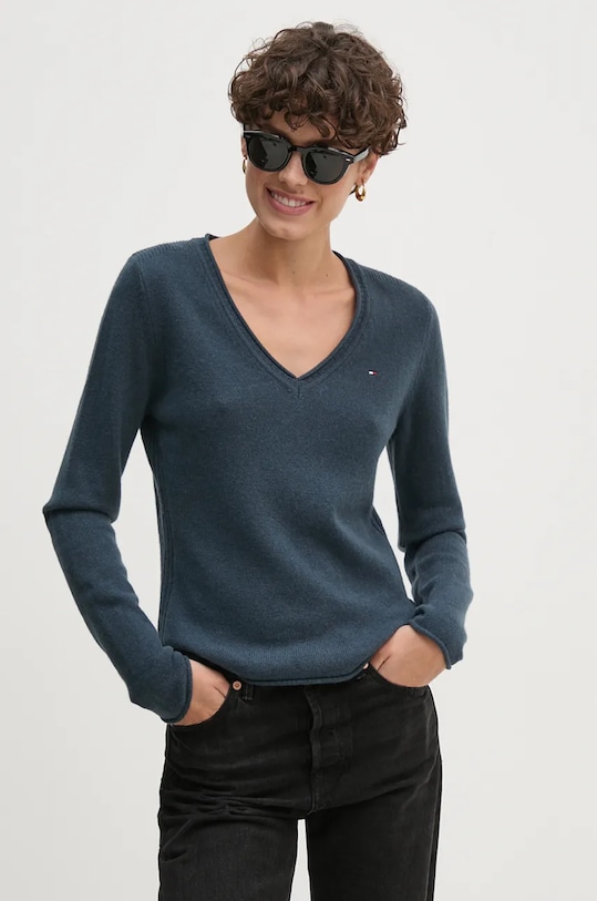 Vlněný svetr Tommy Hilfiger V výstřih námořnická modř WW0WW43505