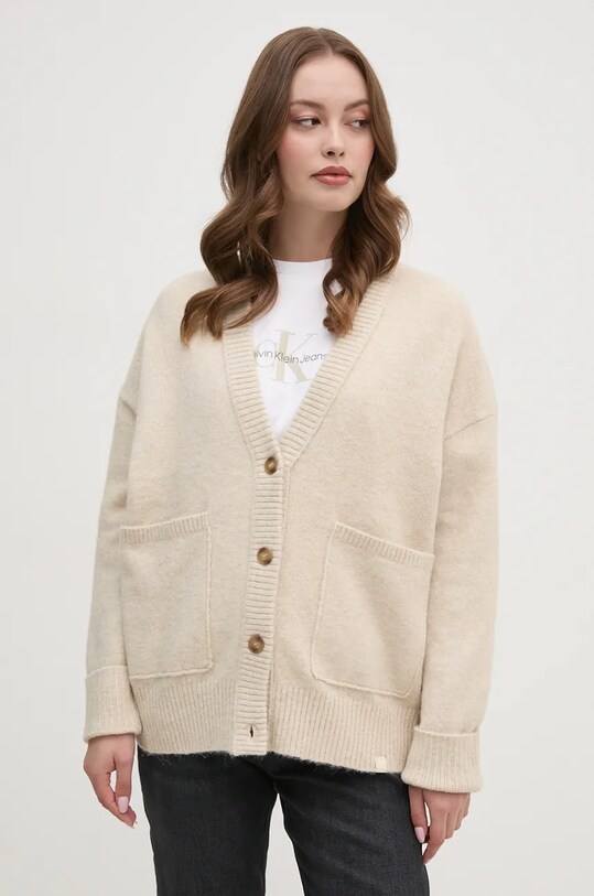Calvin Klein Jeans kardigan z domieszką wełny z domieszką wełny beżowy J20J224234