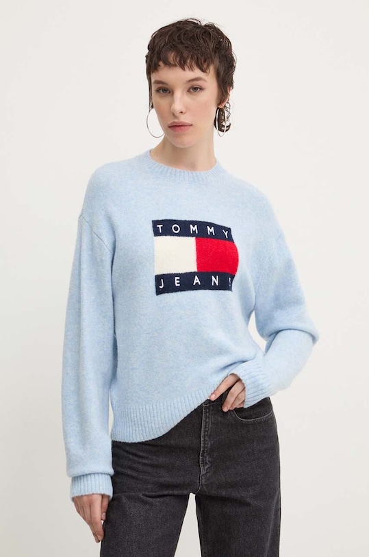 Svetr z vlněné směsi Tommy Jeans kulatý modrá DW0DW18681
