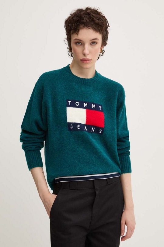 Светр з домішкою вовни Tommy Jeans аплікація бірюзовий DW0DW18681