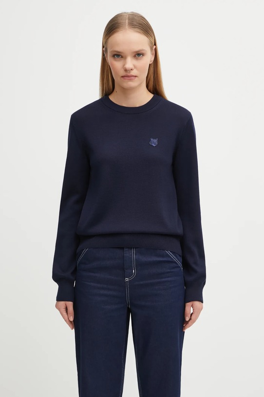 Maison Kitsuné sweter wełniany Bold Fox Head Patch okrągły granatowy MW00801KT1036