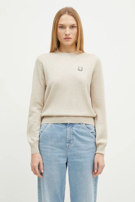 Maison Kitsuné woolen jumper Bold Fox Head Patch fine-knit beige MW00801KT1036