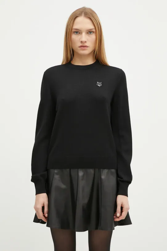 Maison Kitsuné sweter wełniany Bold Fox Head Patch okrągły czarny MW00801KT1036