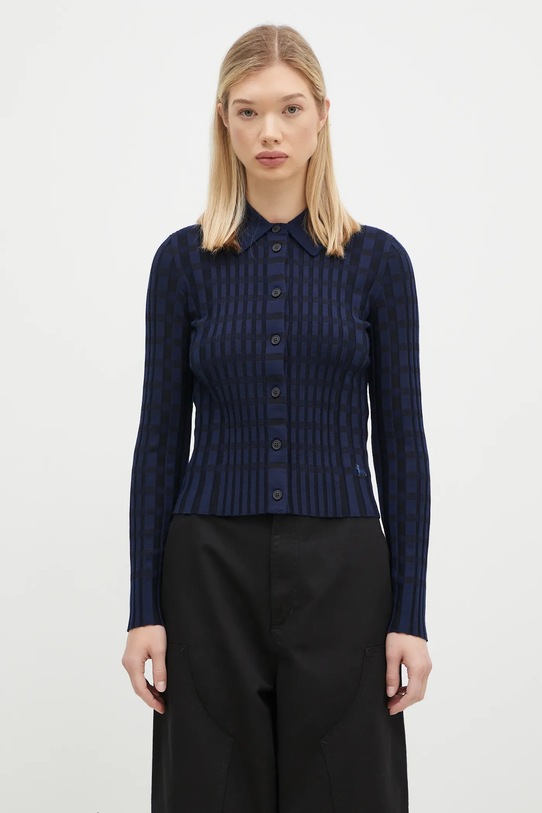 Vlnený kardigán Maison Kitsuné Checked vzorovaný tmavomodrá NW00412KF0003