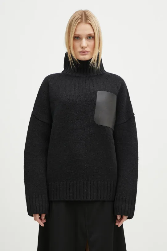 JW Anderson sweter wełniany Leather Patch Pocket Jumper golf czarny KW1292.YN0367.999