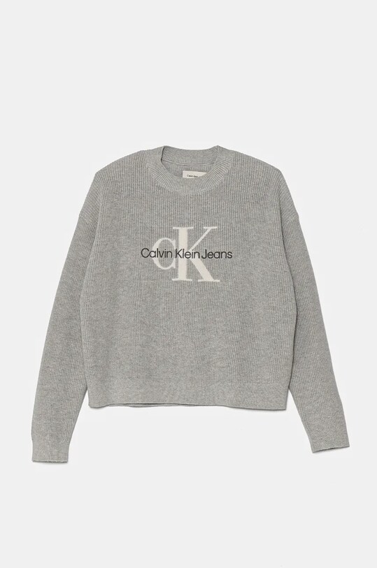 Детский хлопковый свитер Calvin Klein Jeans аппликация серый IG0IG02647.9BYH.