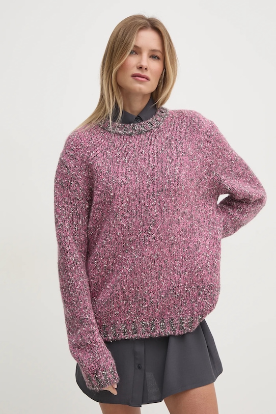 United Colors of Benetton sweter z domieszką wełny okrągły różowy 116NU108M