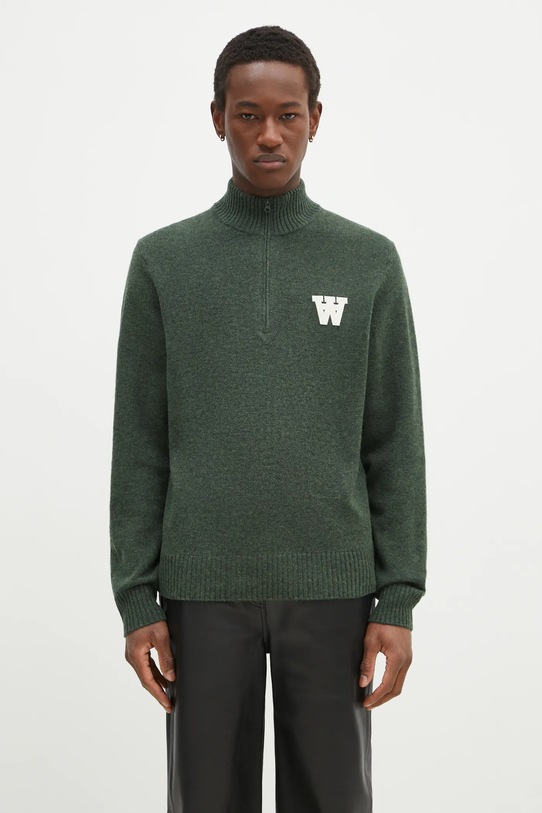 Μάλλινο πουλόβερ Wood Wood Blu AA CS Halfzip απλό πράσινο 10325502.4159