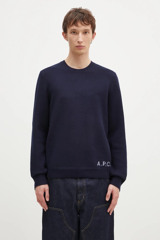 A.P.C. sweter wełniany Pull Edward okrągły granatowy WVBDJ.H23059