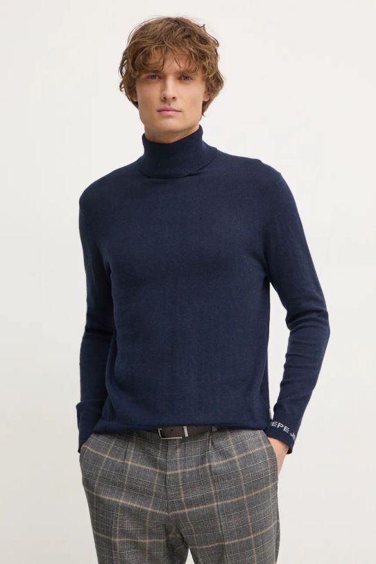 Pepe Jeans sweter z domieszką wełny NEW ANDRE TURTLE NECK z domieszką wełny granatowy PM702470