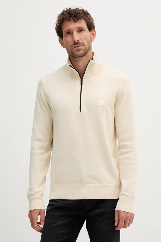 BOSS Orange sweter z domieszką wełny zapinany beżowy 50527585