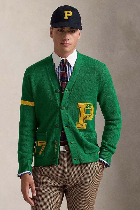Bavlněný kardigan Polo Ralph Lauren Longsleeve V výstřih zelená 710949299