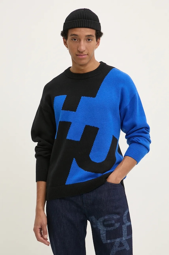 HUGO Blue sweter z domieszką wełny okrągły czarny 50527220