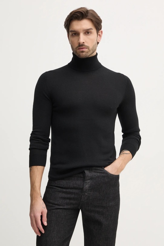 Sisley sweter wełniany okrągły czarny 11BAS200A