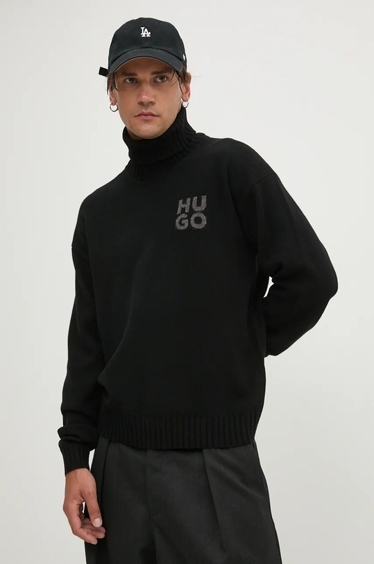 Vlnený sveter HUGO vlna čierna 50527327