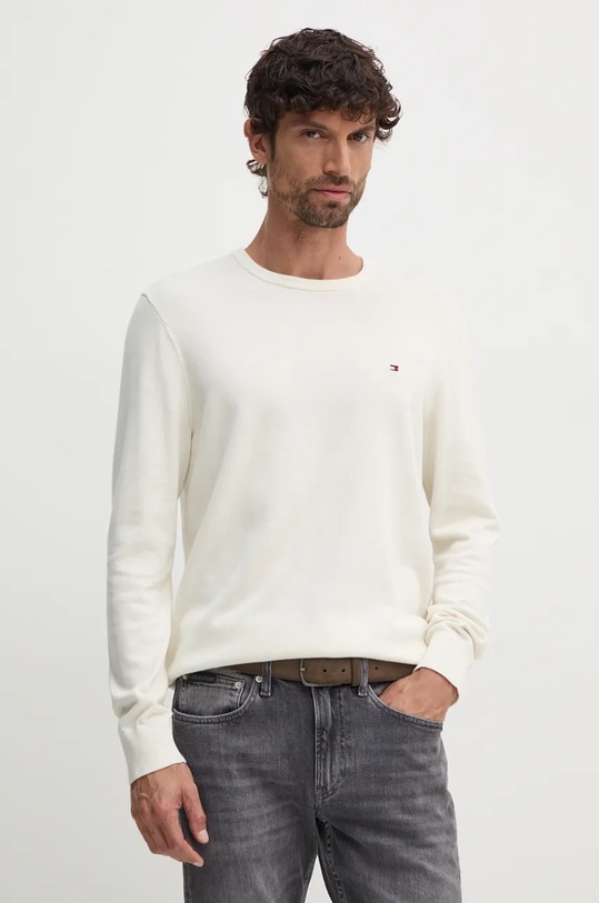 Bavlněný svetr Tommy Hilfiger kulatý béžová MW0MW14748