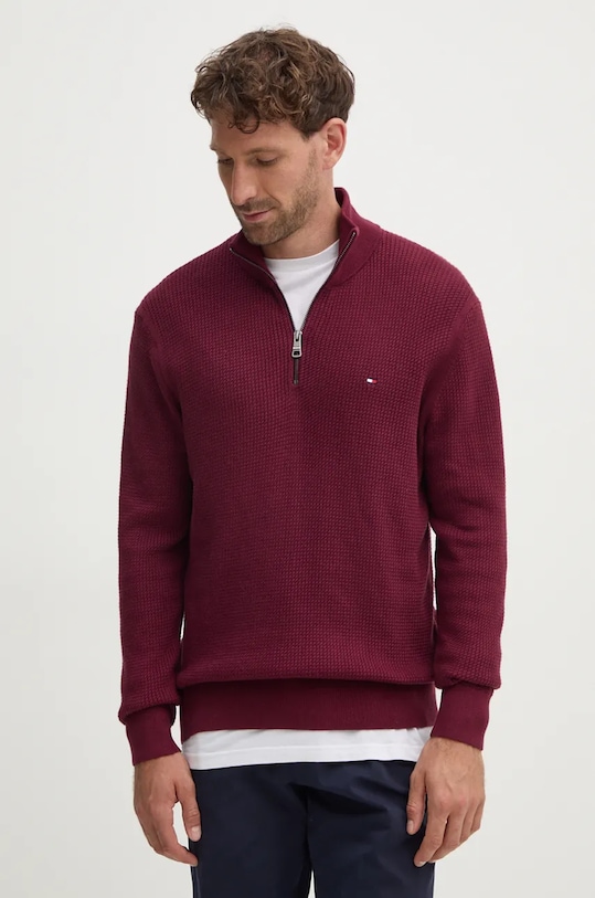 Bavlněný svetr Tommy Hilfiger propínací burgundské MW0MW36527