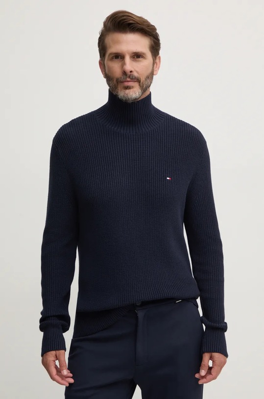 Bavlněný svetr Tommy Hilfiger rolák námořnická modř MW0MW37328