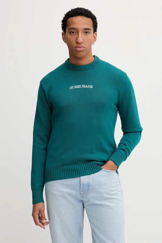 Guess Jeans sweter bawełniany aplikacja turkusowy M4BR31.Z3HM1